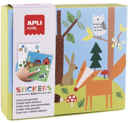 APLI Kids 18819 – Set mit Gummibändern in verschiedenen Formen im Karton, Modell Bosque – Set mit Aufklebern zur Vervollständigung der Illustrationen