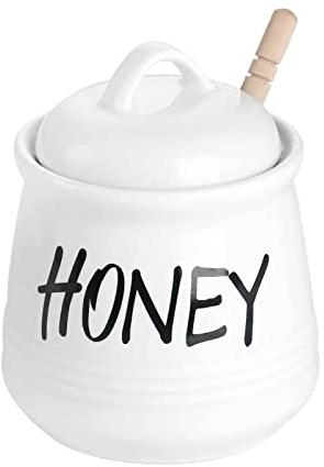 HAOTOP Pot à miel en porcelaine avec couvercle et bâton de miel Blanc 350 ml