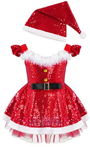 MSemis Baby Weihnachten Kleid Mädchen Prinzessin Pailletten Weihnachtskleid Glitzer Skaterkleid Eiskunstlauf Kleid Tanz Partykleid Rot 62-68
