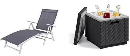 Chicreat - Tumbona Korfu Basic, 147 X 63.5 X 87 Cm, Gris/Plateado + Keter Ice Cube Mesa Nevera para Jardín, Grafito