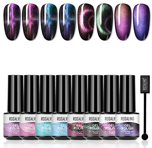 ROSALIND UV Nagellack Magnetisch Set, Shellac Gel Glitter Schellack Katzenauge Soak Off UV Gelpolitur mit Magnetstift Mini