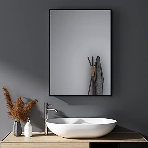 HY-RWML Wandspiegel groß Schwarz 50x70 cm Spiegel Rechteckiger Edelstahl Kosmetikspiegel und Splitterschutz für Badezimmer Waschräume Schlafzimmer horizontaler und vertikaler Einbau