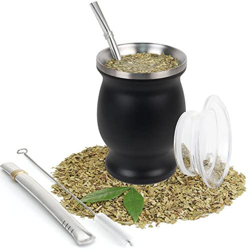 Yerba Maté en Acier Inoxydable - Double paroi isolée Mate de calebasse, Kit Bombilla Maté - avec 2 Bombillas et 1 Pinceau, Tasse Maté Ensemble pour Yerba Mate Boire (Carreau Noir)