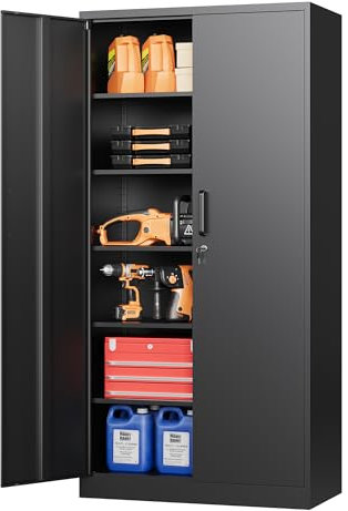 STANI Armadietto da garage in metallo con serratura, 180,3 cm, in acciaio, con serratura e 4 ripiani regolabili, per casa, ufficio, magazzino, garage, scuola (nero)