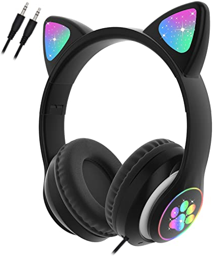 arVin Wireless Headphones for Kids Adults, Bluetooth Earphone Over Ear Cute Cat Ear with Flashing Lights Built-in Mic for Kids Girls Boys (Black)