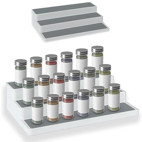 ZENO Spice Rack Organiser | 3 Tier Shelf Organiser for Kitchen Cupboard | Expandable Spice Shelf | Organise Seasoning | Spices & Jars Non Slip