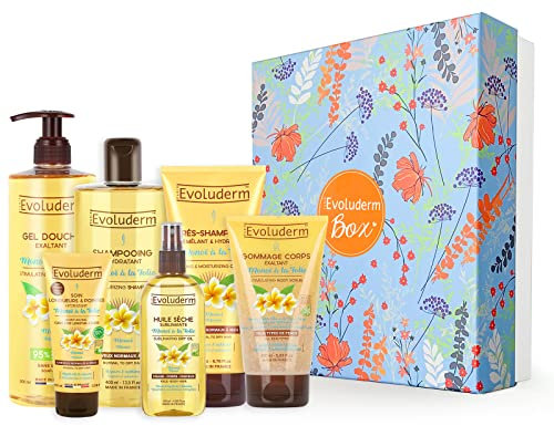 EVOLUDERM - Coffret Cadeau Bain Femme Corps & Cheveux au Monoï de Tahiti – 6 produits – Gant Exfoliant offert - Origine Naturelle - Cadeau de Noël, Anniversaire, Fête des Mères (Spring)
