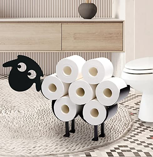Niedliche Schaf-Tier-Papierhalter, schwarzer Metall-Toilettenpapierhalter, dekorativer Metall-Papierhalter, freistehender Metall-Toilettenpapier-Organizer, hält zusätzliche 8 Rollen