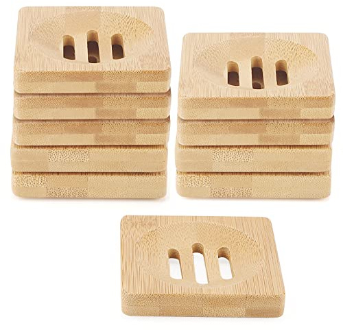 JAPCHET 10 Pack Square Bamboo Soap Dish, 80 x 80mm Natural Wooden Bamboo Soap Dish, Wood Soap Holder for Kitchen, Bathroom, Square Outer Contour