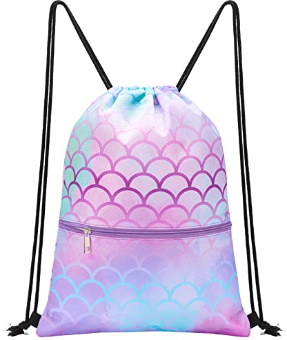 WAWSAM Kids Drawstring Bags, Mermaid Drawstring Gym Bag for Girls, Waterproof Draw String Bag Gym Sports Bags with Zippered Pocket, Swimming Bags for Kids for Swim Personalised Drawstring Bag