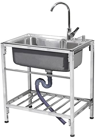 Fregadero Comercial de Acero Inoxidable Fregadero de Camping Fregadero de Cocina con Grifo Patas y Desagüe Fregadero Independiente 1 Compartimento para Interior y Exterior