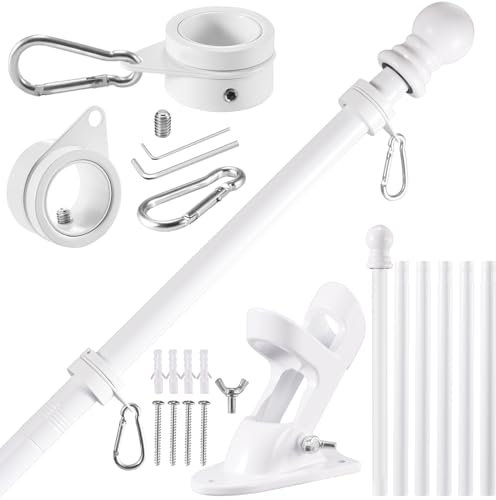 BONWIN Weißes Fahnenmast-Set für Außenhaus, 2,1 m, verdickter Edelstahl, Wandhalterung, Fahnenmast für 90 x 150 cm große Flaggen, 2,5 cm drehsichere Flaggenring-Clips und 2-Positionen-Halterung für