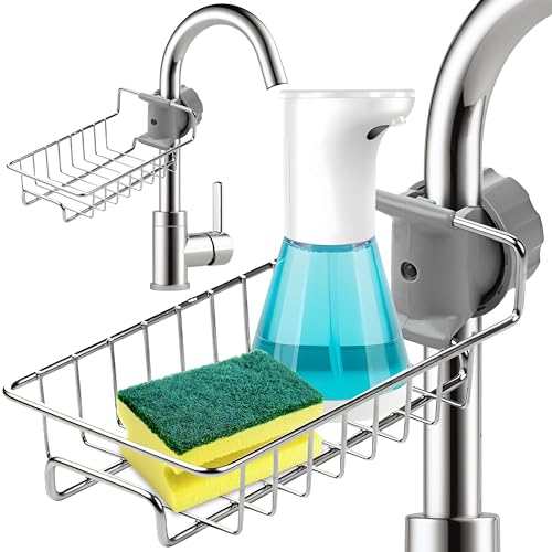 Retoo Organizador de fregadero para cocina, grifo de cocina, soporte de esponja, estante para grifo con acero inoxidable, organizador para esponja, cepillos dispensador de jabón, organizador para