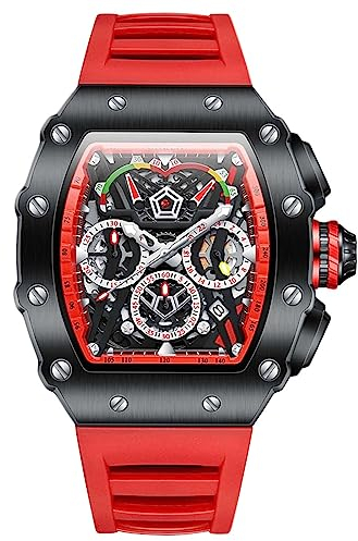 rorios Herren Tonneau Uhren Männer Analog Quarz Armbanduhren Multifunktional Chronograph Uhr Mode 50M wasserdichte Uhr mit Silikon Armband Schwarz Rot