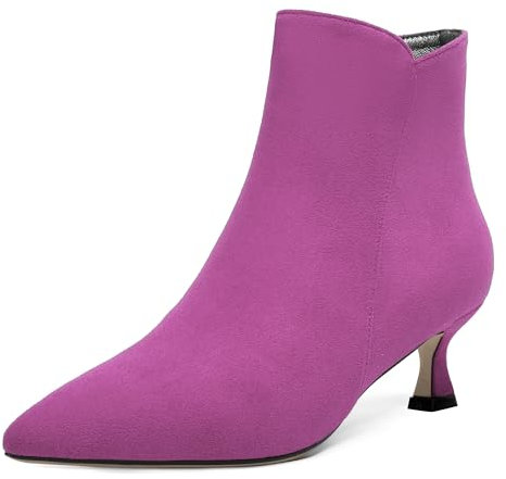 AMBELIGHT Stivali alti alla caviglia da donna con cerniera appuntita in pelle scamosciata tinta unita moda gattino tacco basso 5 cm, Fucsia, 41 EU