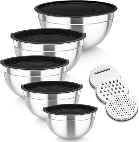 Homikit Mixing Bowls Set of 5, Stainless Steel Salad Bowls with Airtight Lids & 3 Grates, Metal Nesting Bowls for Mixing/Baking/Serving/Storing, Easy Clean - 0.7/1/1.5/2.6/4.6L (Black)
