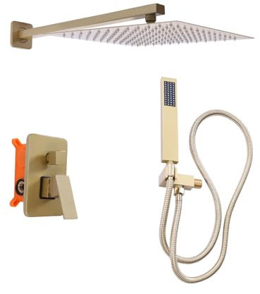 Golden Unterputz Duschset, Messing Duschsystem Unterputz-Duscharmatur aus Edelstahl Regenbrauseset mit 2 Strahlarten Handbrause Kopfbrause Badbrauseset