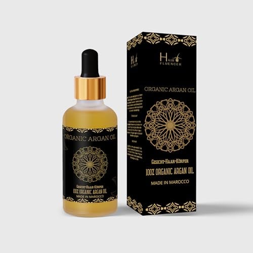 HAIR FLUENCER Hairfluencer Premium Argan Oil - Cold Pressed ECO Certified Moroccan Argan Oil in Glass Bottle with Pipette for Radiant Hair and Healthy Skin