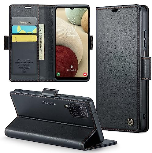 Phernykas Cover for Samsung A12 Wallet Case with Card Holder, Kickstand RFID Blocking Magnetic Closure Shockproof Protective PU Leather for Samsung A12 Flip Case Wallet - Black