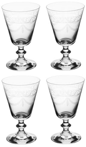 Set of 4 Wine Glass Water Goblets Vintage Style Footed Goblet Chalice Short Stem Wine Glasses Ornate Scrolled Baroque Garland Etched Glassware Dining Set (Water Glasses)