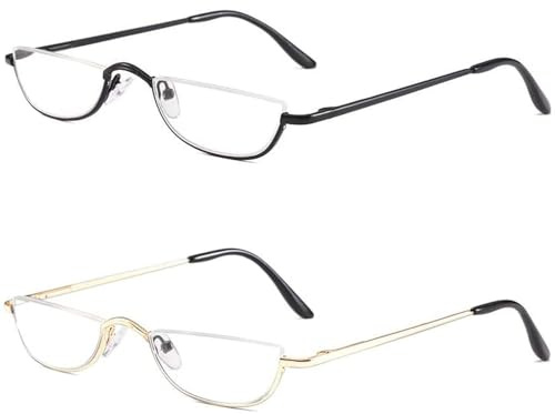 KoKoBin 2 Paires Lunettes de Vue Lecture Demi Lune ，Lunette Pour Lire Mince Demi-Monture en métal, Printemps Charnières Lunette Femme et Homme (Noir + Or, 2.5, Dioptres)