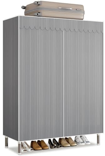 Kleiderschrank Stoffschrank Stabil, Stoff Faltschrank Für Schlafzimmer Mit Kleiderstange & Ablagen, Ankleidezimmer Garderobe Mit Kleiderständer 84x46x173cm Graue Streifen