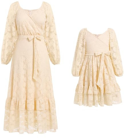 IBAKOM Mutter Tochter Matching Kleid Mama und ich Kleider Langarm Freizeitkleid Boho Strandkleid Kleid Herbst Winter Frauen Mädchen Passendes Kleid Familie Passendes Outfit Aprikose 8-9 Jahre