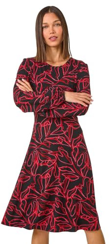 Roman Originals Women Gathered Chest Dress Ladies Stretchy Fit & Flare Swing Tea A Line Skater Knee Length Long Sleeve Midi Smart Casual Work Going Out Cocktail Party - Red Black - Size 10