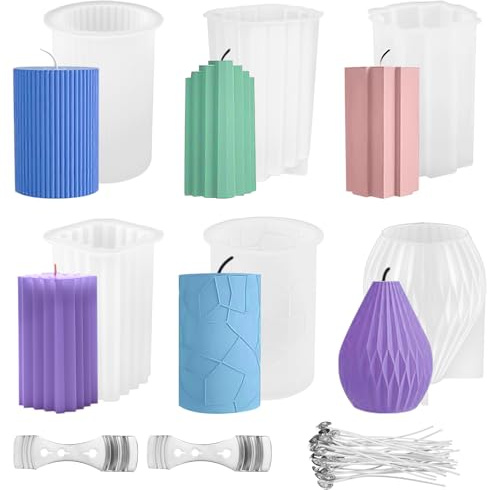 6 Stück Kerzenform, Kerzen Formen Silikon Set mit Kerzendocht, 3D Kerzenformen zum Gießen, Silikonform Kerzen, Kerzengießform für Duftkerze DIY Handwerk
