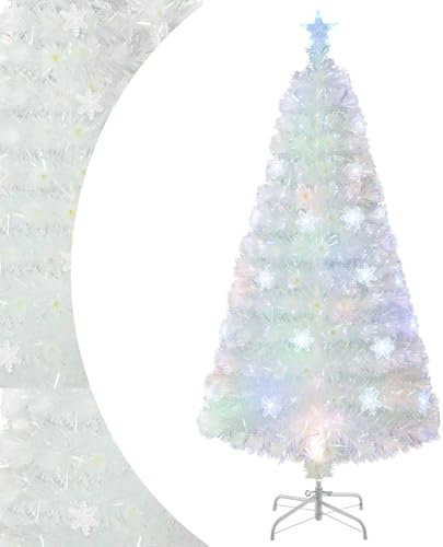 SPOTRAVEL 4FT/5FT/6FT/7FT Artificial Christmas Tree, White Fiber Optic Pre-lit Xmas Tree with 18/24/36/48 Snowflake Lights & 130/170/230/260 Branch Tips, Holiday Decoration Tree for Home Party (120cm)