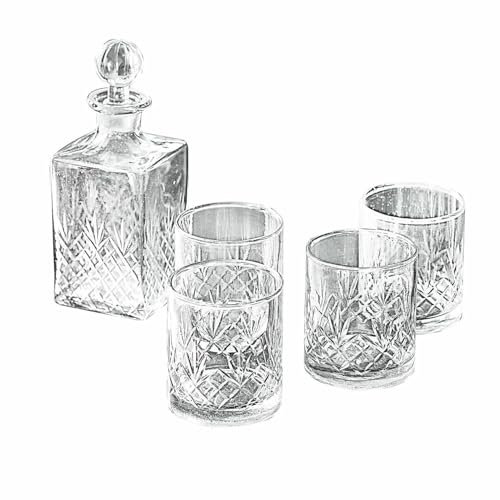 LOBERON Kerrington Carafe et lot de 4 verres - Verre soufflé à la bouche - Motifs taillés à la main, transparent