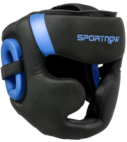 SPORTNOW Casque de Boxe avec Sangle réglable pour Une Protection complète du Visage pour Kickboxing, Sparring, Arts Martiaux, karaté, Taekwondo, Bleu/Noir