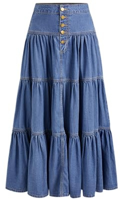 CIDER Denim Skirt Maxi Skirt for Women High Waist Tiered Button Down Long Jean Skirt High Waist Denim Maxi Skirts