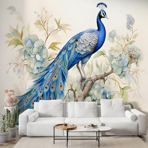 Pfau Blumenzweige Tapete, Aquarell Fototapete, Pfau Wandpapier, Vliestapete Selbstklebende Wand Deko, Motivtapeten Schlafzimmer Wohnzimmer, Abziehen & Aufkleben, 350x256 cm - S-853