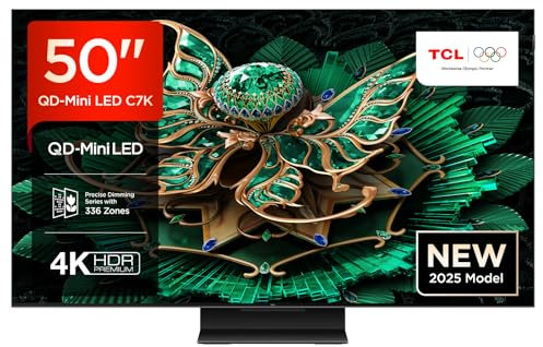 TCL 50C7K 55 QD-Mini LED TV, 4K HDR Premium 2000, Smart Google TV, 144Hz Motion Clarity Pro (Dolby Vision IQ & Atmos, HVA-Panel, Game Master)