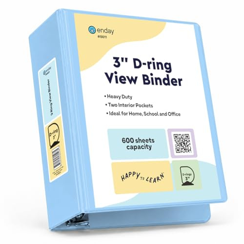 Enday 7,6 cm Ordner, Blau – 7,6 cm 3-Ringbuch, D-Ringbuch mit transparentem Einband für Briefgröße 21,6 x 27,9 cm Papier und 2 Innentaschen, ideal für Schulbedarf, Büro und Zuhause