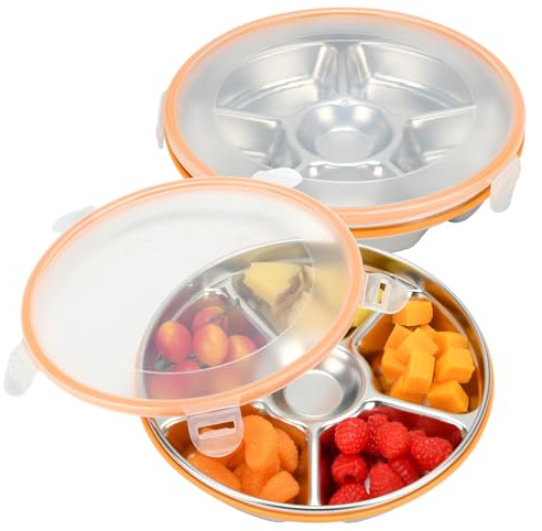 BYZCYSG Stainless Steel Serving Tray with Lid, 2 pcs, 9 Inch | 6-Compartment, Divided Snack/Vegetable/Fruit Tray, Serving Platters