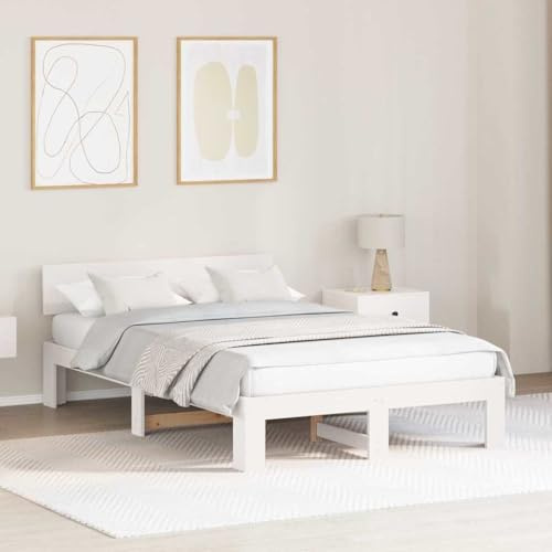 vidaXL Bettrahmen mit Kopfteil Weiß 120 x 190 cm Massives Kiefernholz, Stylisches, modernes Bettgestell, rechteckig aus Kiefer, bequemes Schlafzimmermöbel, praktisches Kopfteil