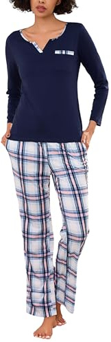 Bresdk Pyjama Femme Hiver Ensembles de Pyjamas Coton à Manches Longues Col en V Vêtements de Nuit à Carreaux Chaud avec Poches Rose S