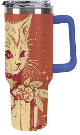 DWTJKMS Bicchiere in acciaio inox a forma di gatto sdraiato sulla scatola, 1,18 l, a prova di perdite, grande capacità, con manico, cannuccia a doppia parete, isolamento sottovuoto, riutilizzabile