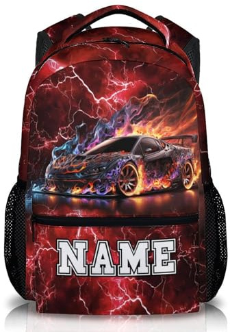 GiftRomance Rucksack mit Namen für Jungen – Personalisiert mit Auto-Motiv – 17 Zoll Kinderrucksack für Schule, Reisen & Freizeit – Roter Blitz-Hintergrund