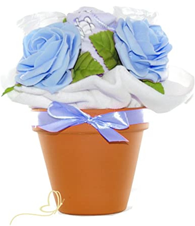 Baby Blumentopf | Windeln, Babytextilien und Rosendeko - Baby Blumenstrauß | Geschenk zur Babyparty Babyshower & Geburt (blau)