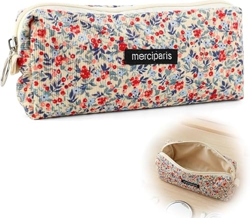 Vylara Federmäppchen Blumen, Retro-Stil Mäppchen mit Großer Kapazität, Federmäppchen Erwachsene in Cordstoff-Optik, Vielseitig Einsetzbar als Kosmetiktasche oder Reiseetui