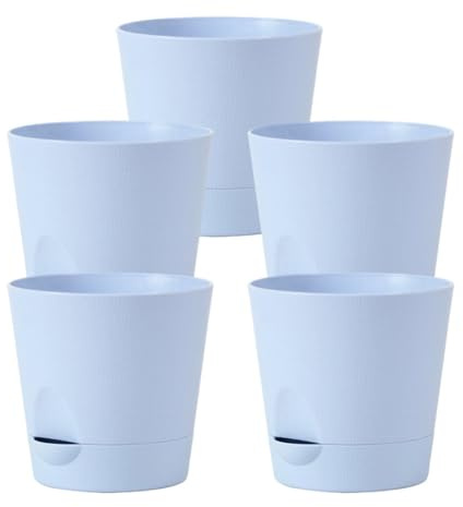 QOXEZY Lot de 5 pots de fleurs en plastique à arrosage automatique avec trou de drainage pour plantes grasses et plantes d'intérieur 14 cm de diamètre Kaki Bleu Rose