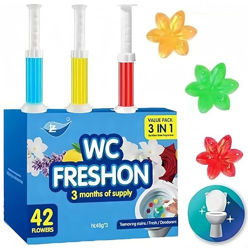 Toilet Gel Stamp, 42 Flower Scent Stamps with Dispenser, 3 in 1 Value Pack, 3 Months Supply, Removes Odor and Decontaminates, Random Colors