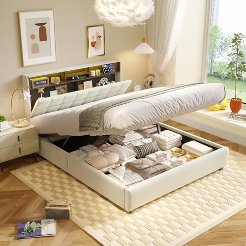 Bett 160x200 mit Coole LED und USB C, Polsterbett Samt Hydraulisches Stauraumbett mit Staubschutzmatte und Multifunktional Kopfteil,Doppelbett mit Lattenrost 160x200 aus Holz,Metallrahmen(Beige-500KG)