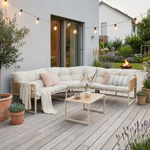 casa.pro Gartenmöbel Set Karg Balkonmöbel Lounge Set 4-teilig Sitzgruppe 3 Sofaelemente mit Couchtisch Outdoor Ecksofa Rattan-Armlehne Kissen wetterfest Rattanoptik Beige