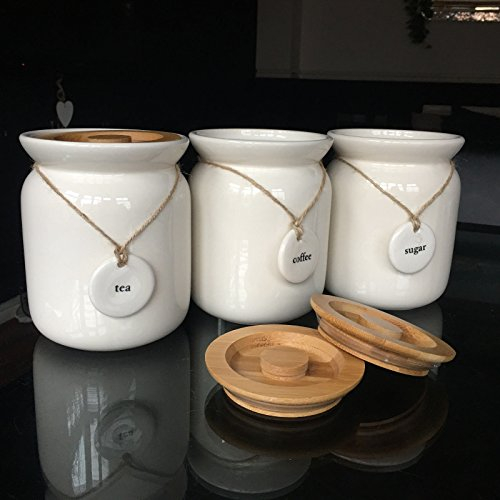 Large Tea Coffee Sugar Ceramic Canisters rope labels kitchen Storage jars set