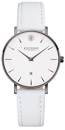 Kistanio Damenuhr Petit Gun Metal Edelstahl Saphirglas mit weißem Lederband GM-WH-L-WH