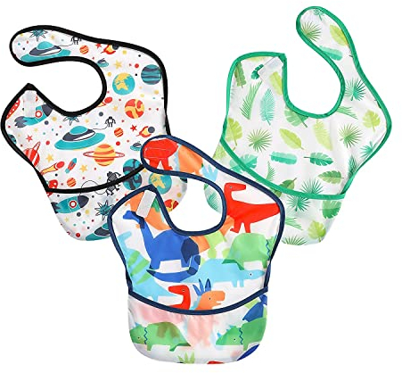 PandaEar 3 Stück Baby Lätzchen Fütterungs Wasserdicht Superleichtes EVA Kleinkind Fütterlätzchen mit Auffangschale, Abwaschbar Weiches Unisex Babylätzchen Klettverschluss für Baby 5-36 Monaten Kinder